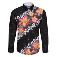 Black Polynesia Family Matching Long Sleeve Bodycon Dress and Hawaiian Shirt Plumeria With Hibiscus Pattern Tropical Vibes LT14 Dad's Shirt - Long Sleeve Black - Polynesian Pride