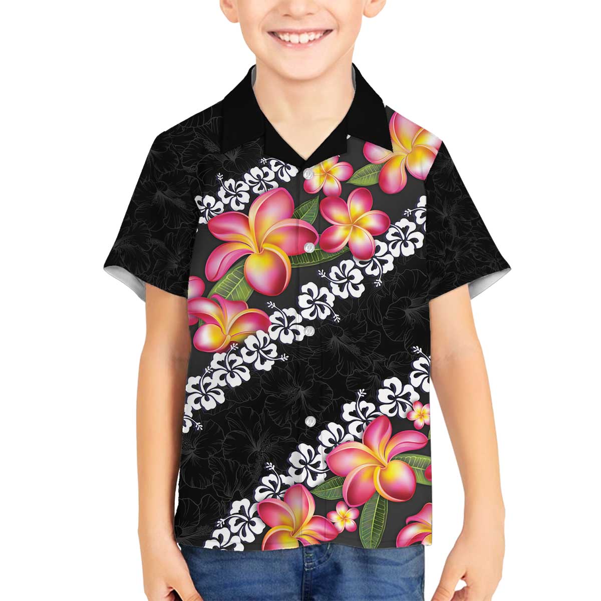 Black Polynesia Family Matching Off The Shoulder Long Sleeve Dress and Hawaiian Shirt Plumeria With Hibiscus Pattern Tropical Vibes