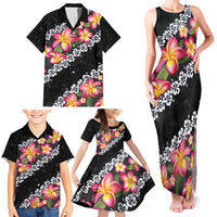 Black Polynesia Family Matching Tank Maxi Dress and Hawaiian Shirt Plumeria With Hibiscus Pattern Tropical Vibes LT14 - Polynesian Pride
