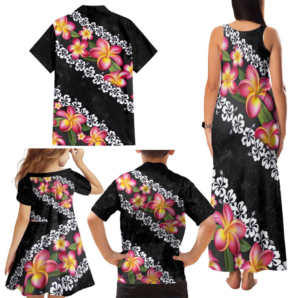 Black Polynesia Family Matching Tank Maxi Dress and Hawaiian Shirt Plumeria With Hibiscus Pattern Tropical Vibes LT14 - Polynesian Pride