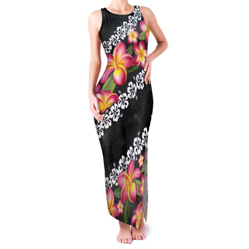 Black Polynesia Family Matching Tank Maxi Dress and Hawaiian Shirt Plumeria With Hibiscus Pattern Tropical Vibes LT14 Mom's Dress Black - Polynesian Pride