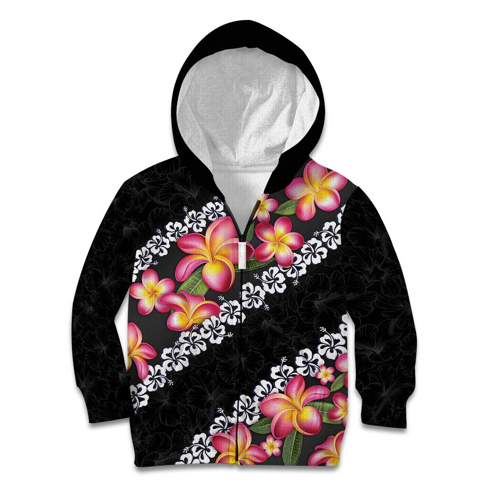 Black Polynesia Kid Hoodie Plumeria With Hibiscus Pattern Tropical Vibes LT14 Zip Hoodie Black - Polynesian Pride