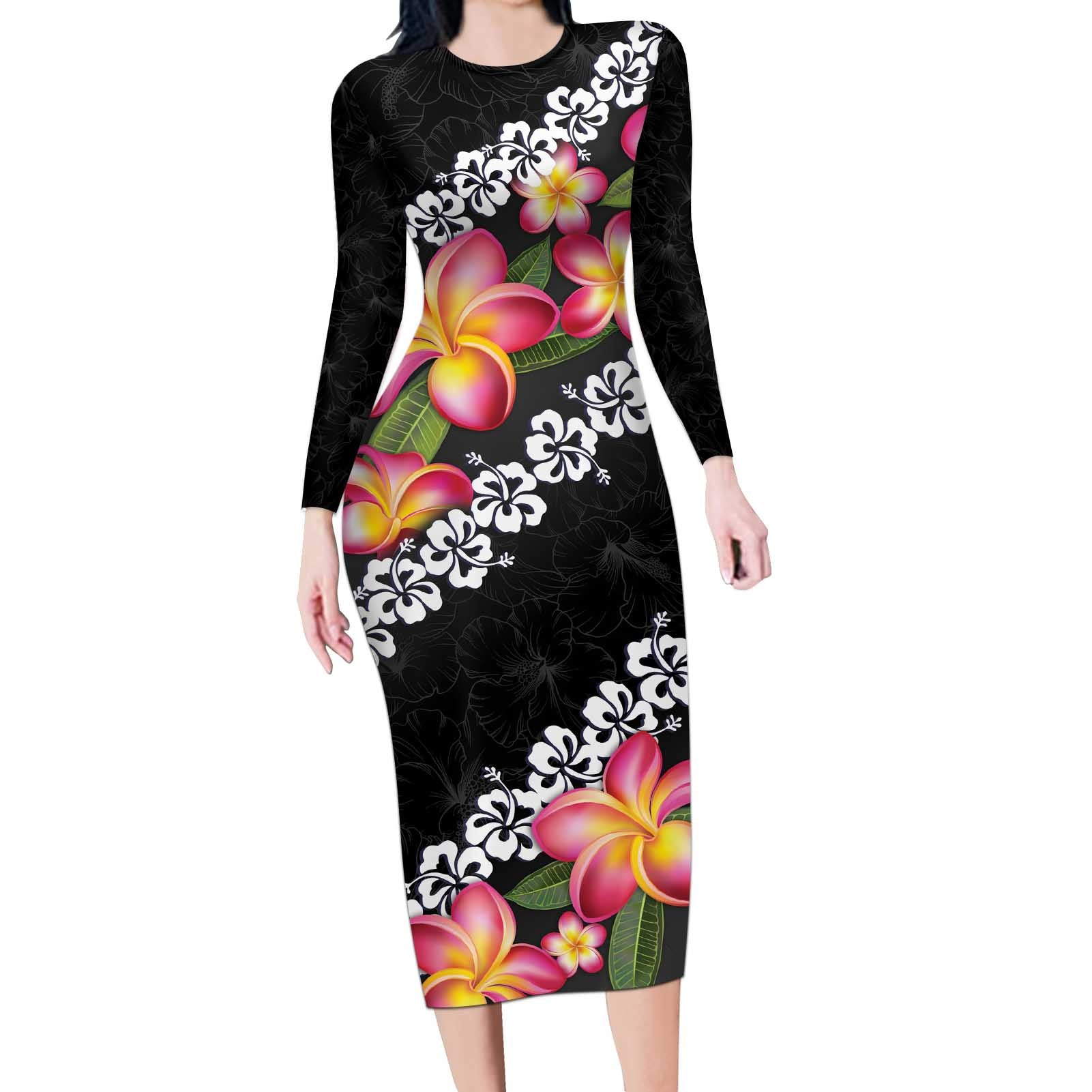 Black Polynesia Long Sleeve Bodycon Dress Plumeria With Hibiscus Pattern Tropical Vibes