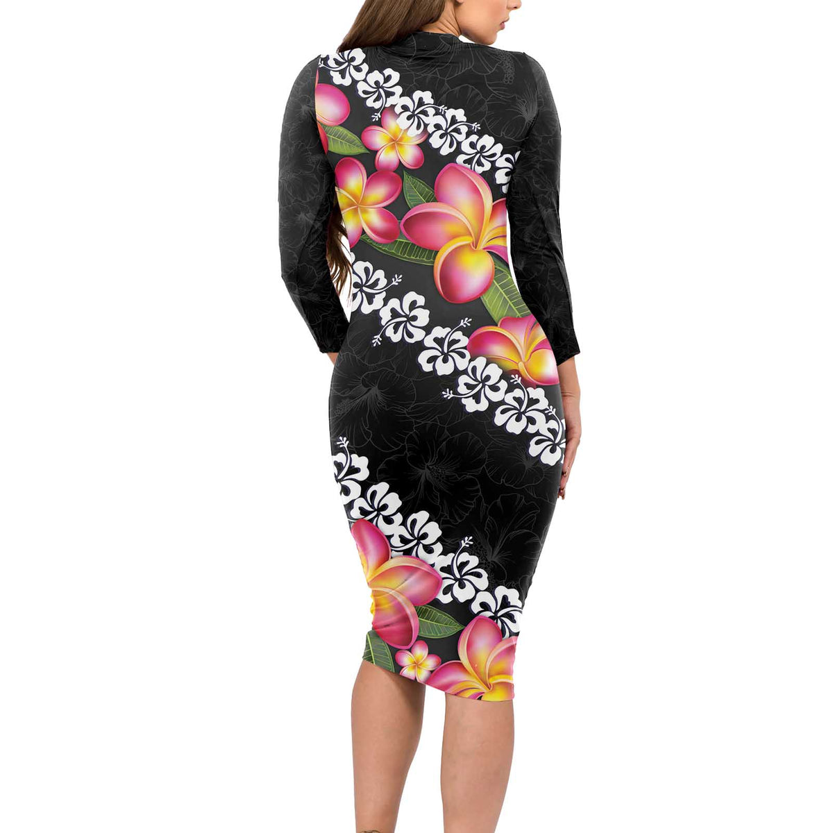 Black Polynesia Long Sleeve Bodycon Dress Plumeria With Hibiscus Pattern Tropical Vibes