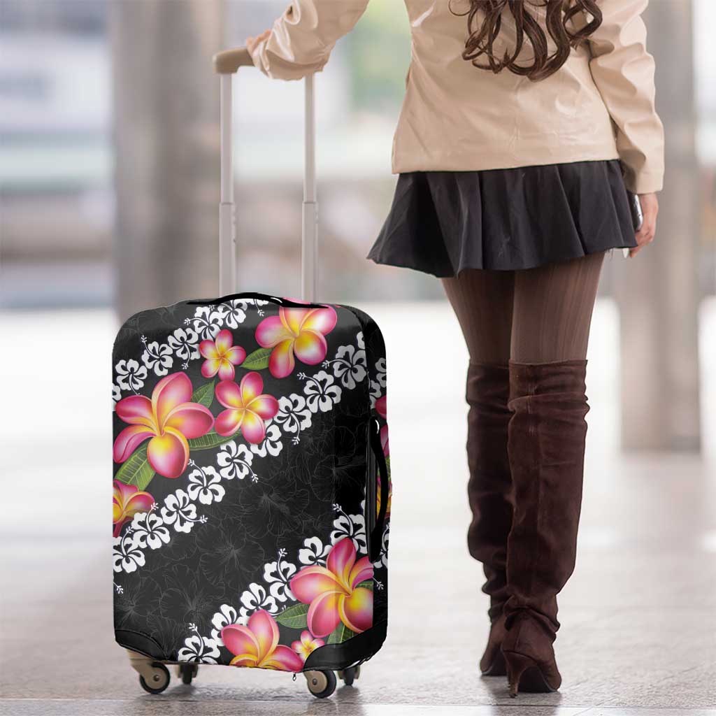 Black Polynesia Luggage Cover Plumeria With Hibiscus Pattern Tropical Vibes LT14 - Polynesian Pride