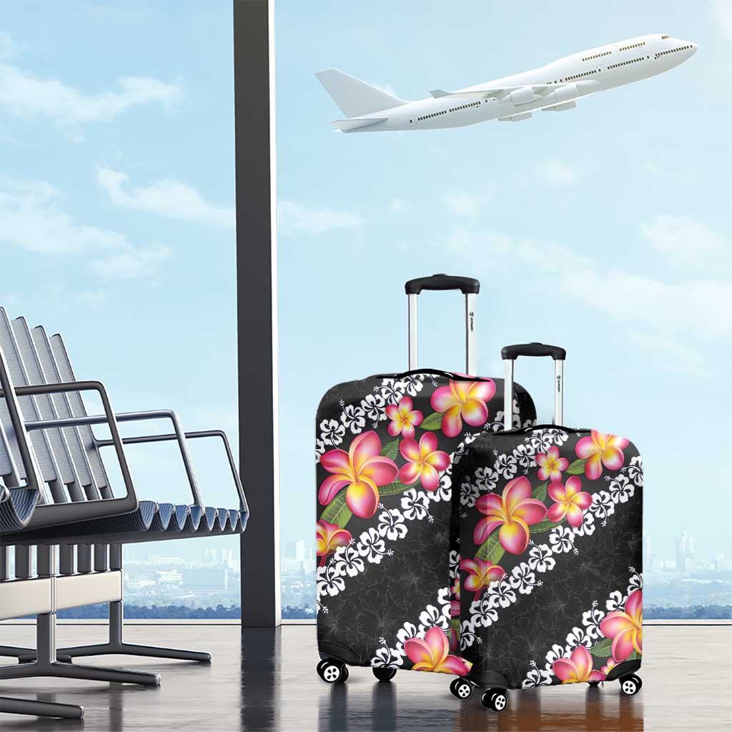 Black Polynesia Luggage Cover Plumeria With Hibiscus Pattern Tropical Vibes LT14 - Polynesian Pride