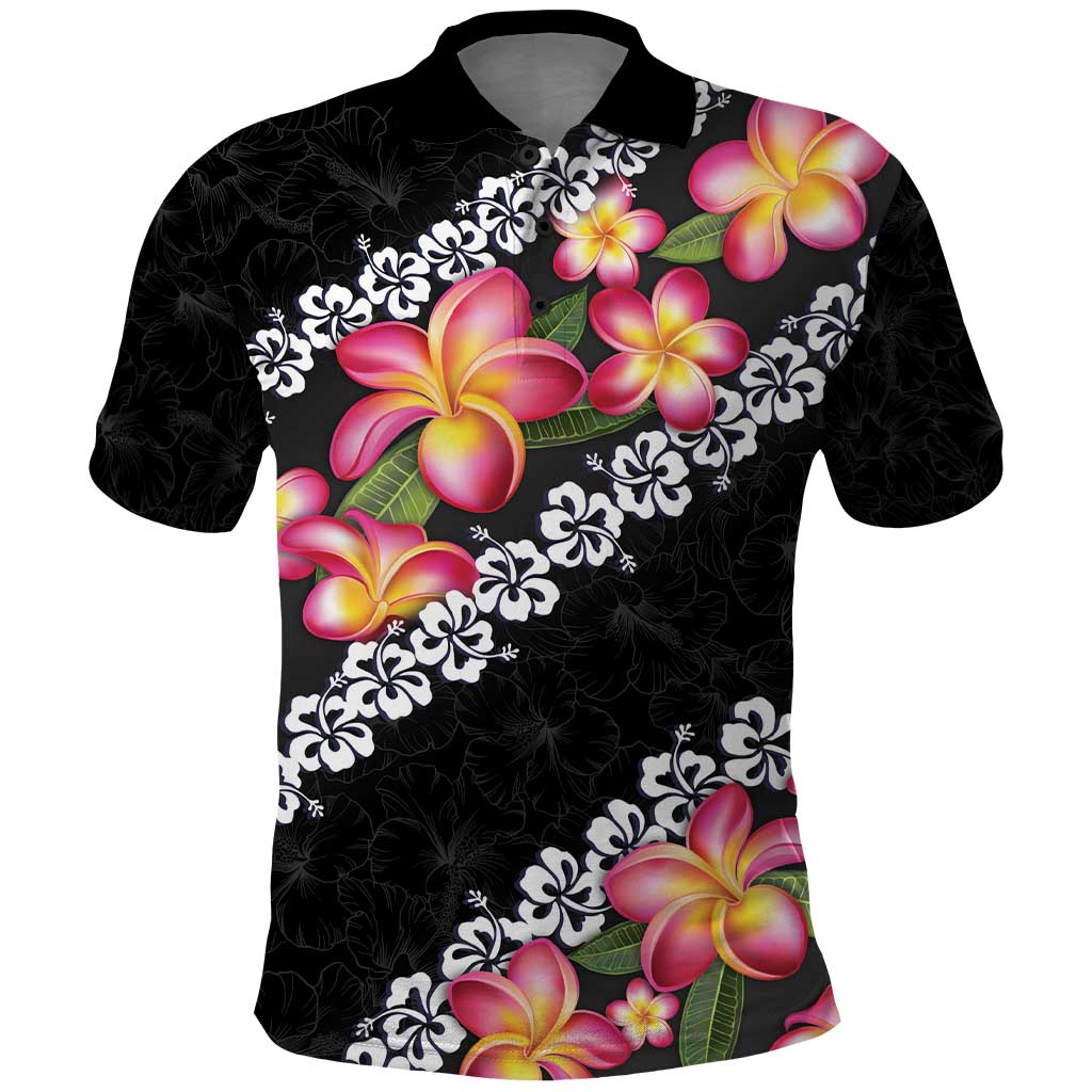 Black Polynesia Polo Shirt Plumeria With Hibiscus Pattern Tropical Vibes LT14 Black - Polynesian Pride