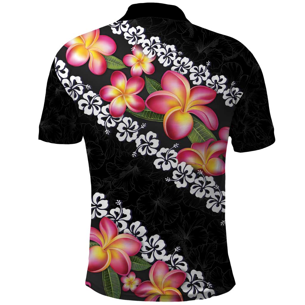 Black Polynesia Polo Shirt Plumeria With Hibiscus Pattern Tropical Vibes LT14 - Polynesian Pride