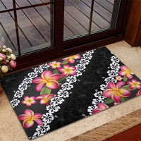 Black Polynesia Rubber Doormat Plumeria With Hibiscus Pattern Tropical Vibes