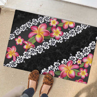 Black Polynesia Rubber Doormat Plumeria With Hibiscus Pattern Tropical Vibes
