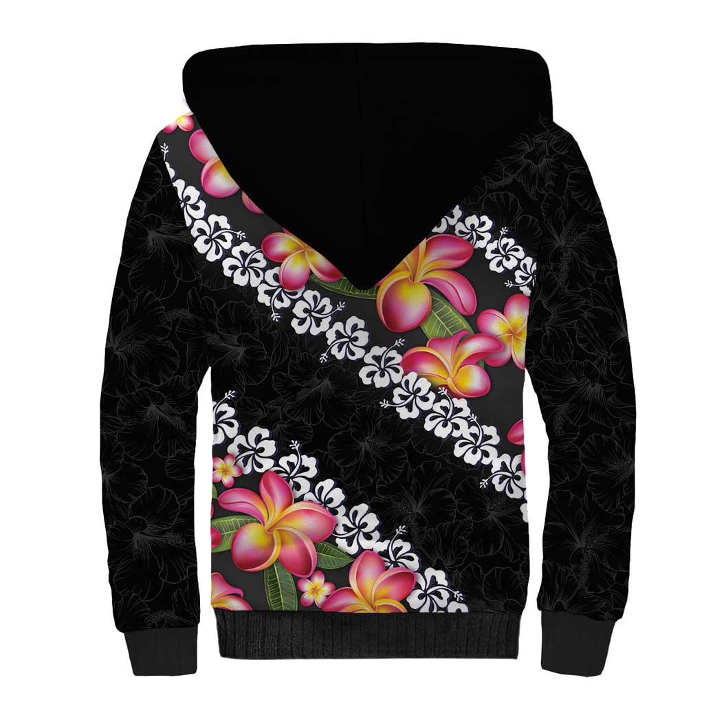 Black Polynesia Sherpa Hoodie Plumeria With Hibiscus Pattern Tropical Vibes LT14 - Polynesian Pride