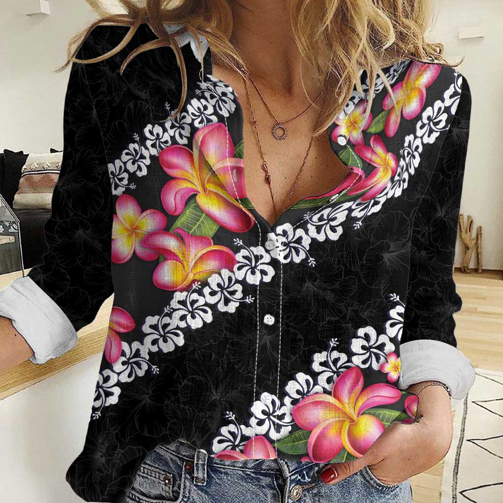 Black Polynesia Women Casual Shirt Plumeria With Hibiscus Pattern Tropical Vibes