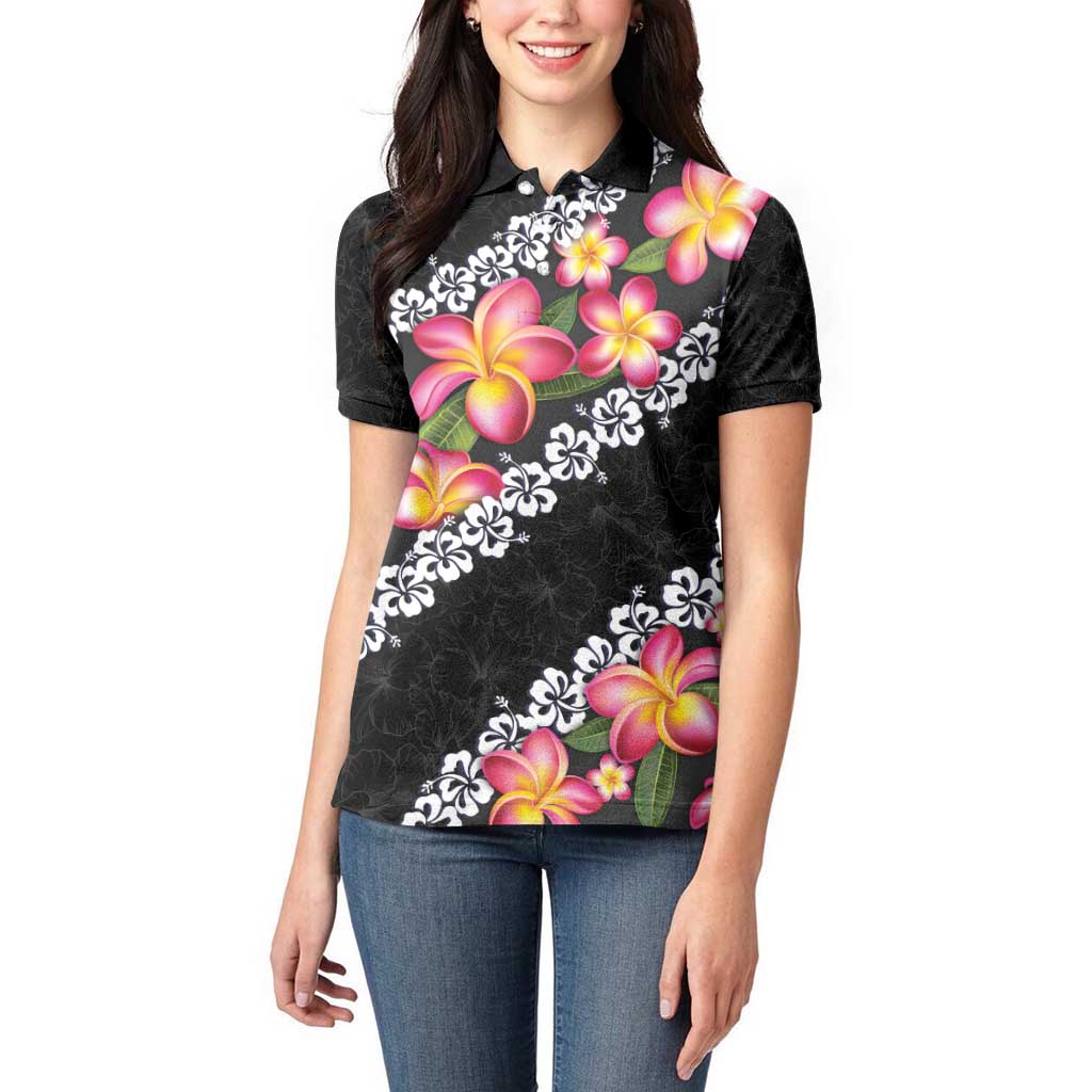 Black Polynesia Women Polo Shirt Plumeria With Hibiscus Pattern Tropical Vibes
