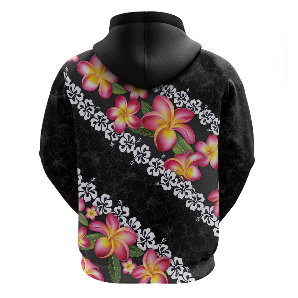 Black Polynesia Zip Hoodie Plumeria With Hibiscus Pattern Tropical Vibes