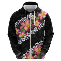 Black Polynesia Zip Hoodie Plumeria With Hibiscus Pattern Tropical Vibes