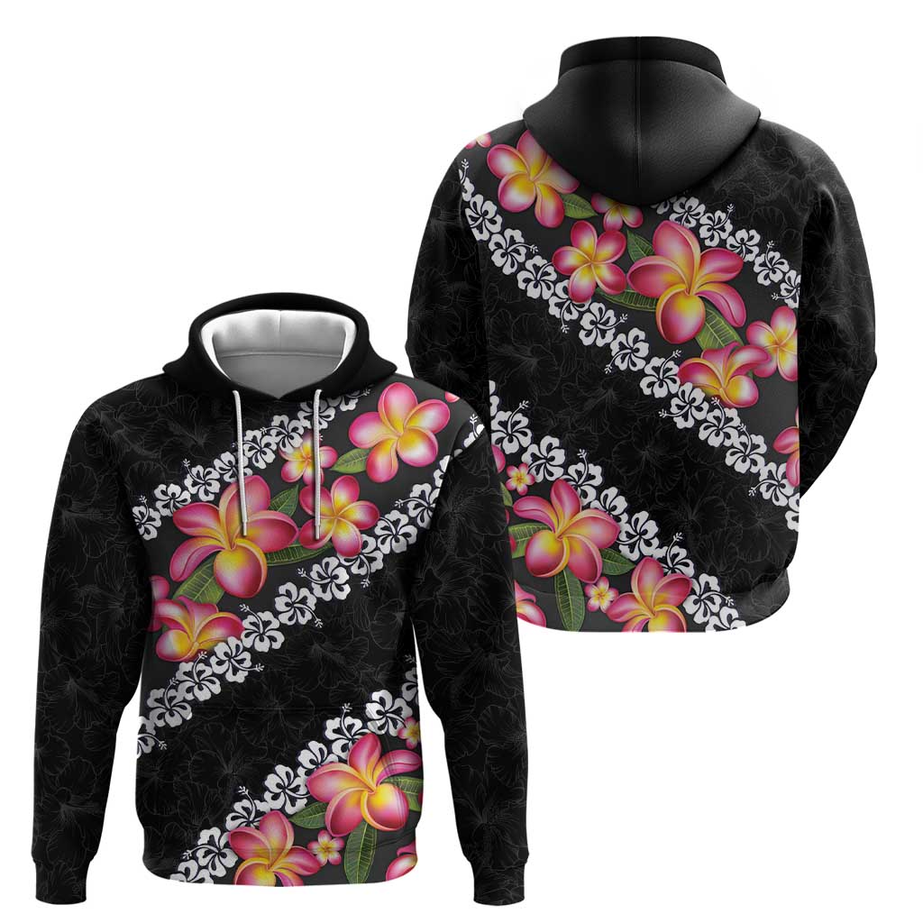 Black Polynesia Zip Hoodie Plumeria With Hibiscus Pattern Tropical Vibes