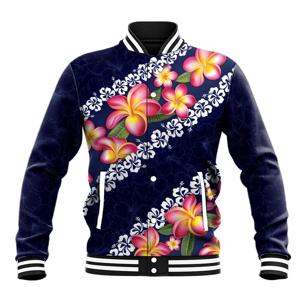 Blue Polynesia Baseball Jacket Plumeria With Hibiscus Pattern Tropical Vibes LT14 Unisex Blue - Polynesian Pride