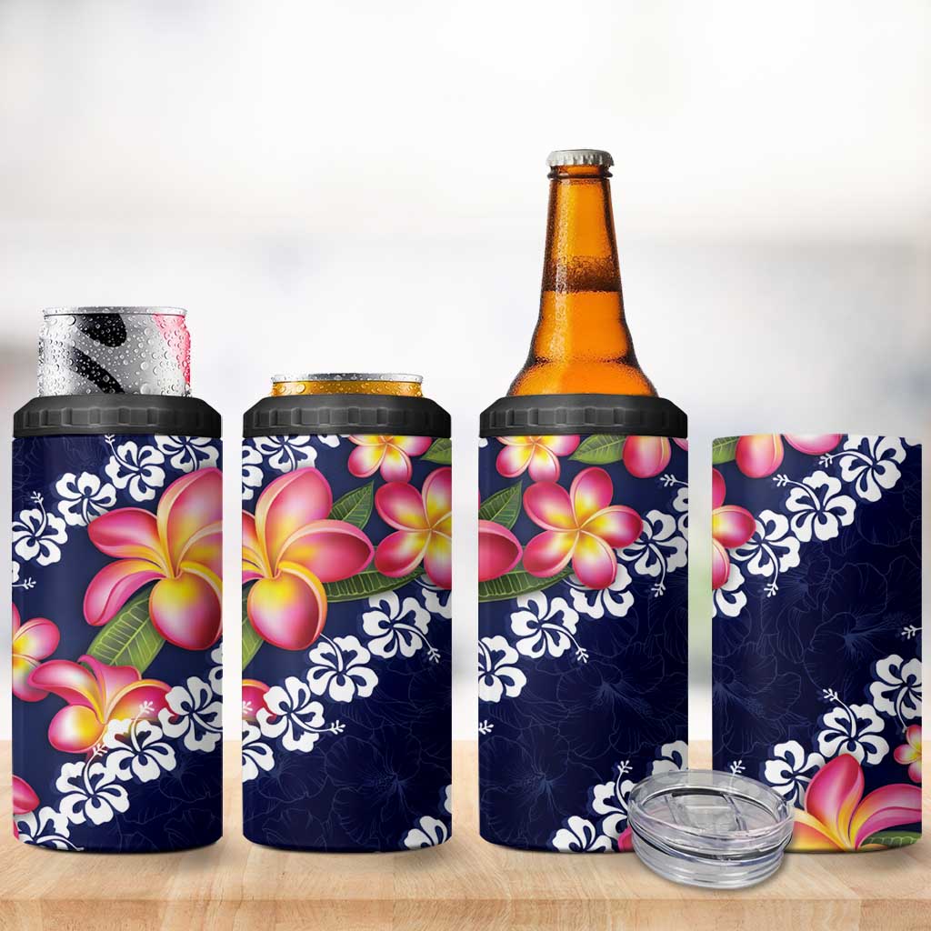 Blue Polynesia 4 in 1 Can Cooler Tumbler Plumeria With Hibiscus Pattern Tropical Vibes