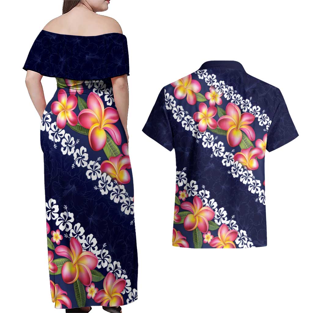 Blue Polynesia Couples Matching Off Shoulder Maxi Dress and Hawaiian Shirt Plumeria With Hibiscus Pattern Tropical Vibes LT14 - Polynesian Pride