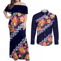 Blue Polynesia Couples Matching Off Shoulder Maxi Dress and Long Sleeve Button Shirt Plumeria With Hibiscus Pattern Tropical Vibes