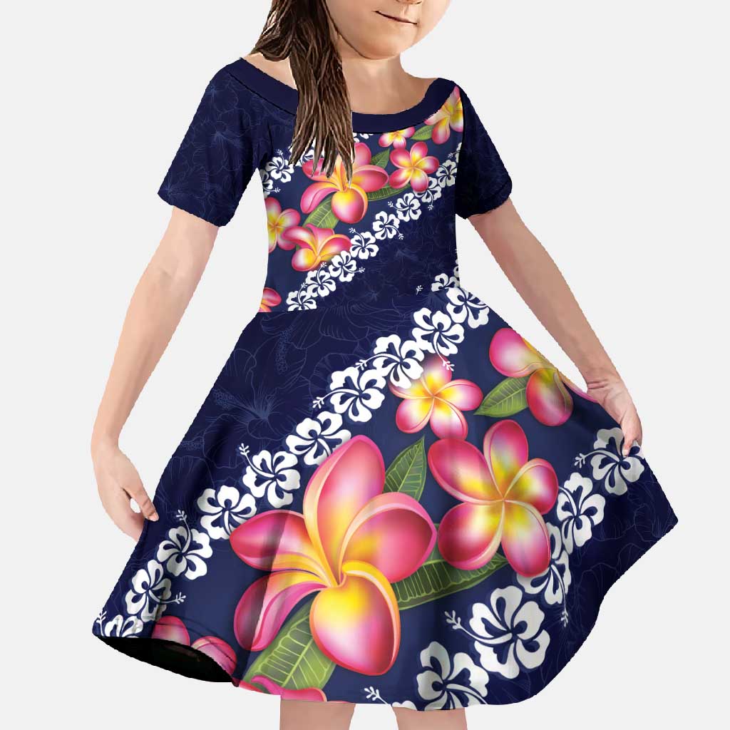 Blue Polynesia Family Matching Long Sleeve Bodycon Dress and Hawaiian Shirt Plumeria With Hibiscus Pattern Tropical Vibes LT14 Daughter's Dress Blue - Polynesian Pride