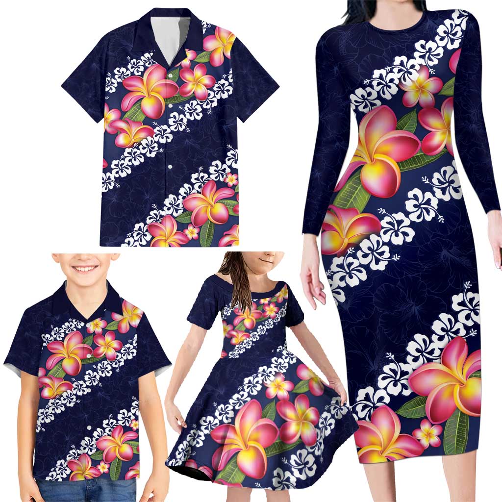 Blue Polynesia Family Matching Long Sleeve Bodycon Dress and Hawaiian Shirt Plumeria With Hibiscus Pattern Tropical Vibes LT14 - Polynesian Pride