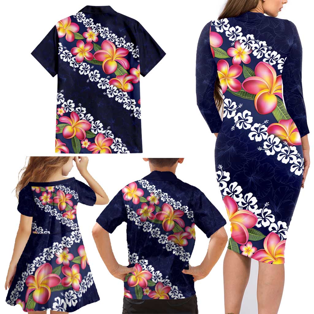 Blue Polynesia Family Matching Long Sleeve Bodycon Dress and Hawaiian Shirt Plumeria With Hibiscus Pattern Tropical Vibes LT14 - Polynesian Pride