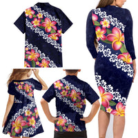 Blue Polynesia Family Matching Long Sleeve Bodycon Dress and Hawaiian Shirt Plumeria With Hibiscus Pattern Tropical Vibes LT14 - Polynesian Pride