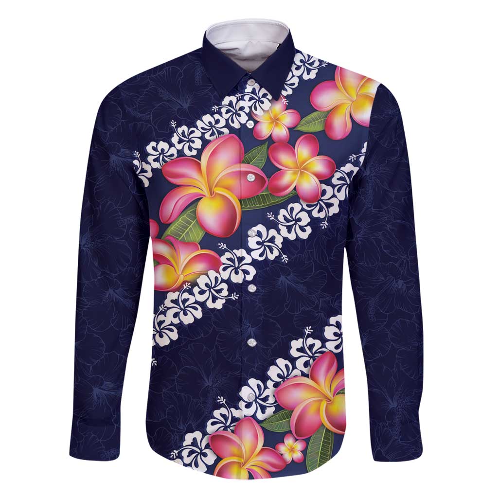 Blue Polynesia Family Matching Long Sleeve Bodycon Dress and Hawaiian Shirt Plumeria With Hibiscus Pattern Tropical Vibes LT14 Dad's Shirt - Long Sleeve Blue - Polynesian Pride