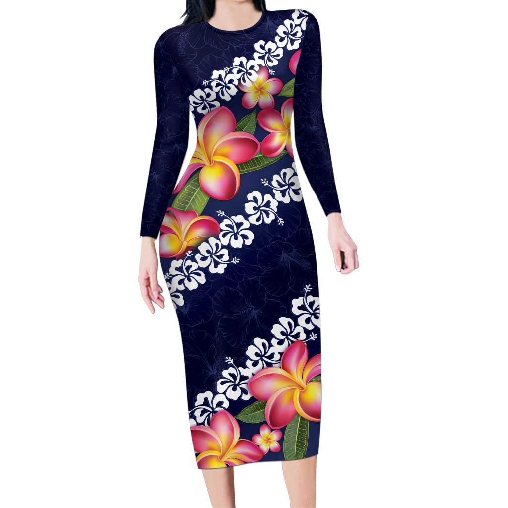 Blue Polynesia Family Matching Long Sleeve Bodycon Dress and Hawaiian Shirt Plumeria With Hibiscus Pattern Tropical Vibes LT14 Mom's Dress Blue - Polynesian Pride