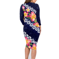 Blue Polynesia Family Matching Long Sleeve Bodycon Dress and Hawaiian Shirt Plumeria With Hibiscus Pattern Tropical Vibes LT14 - Polynesian Pride