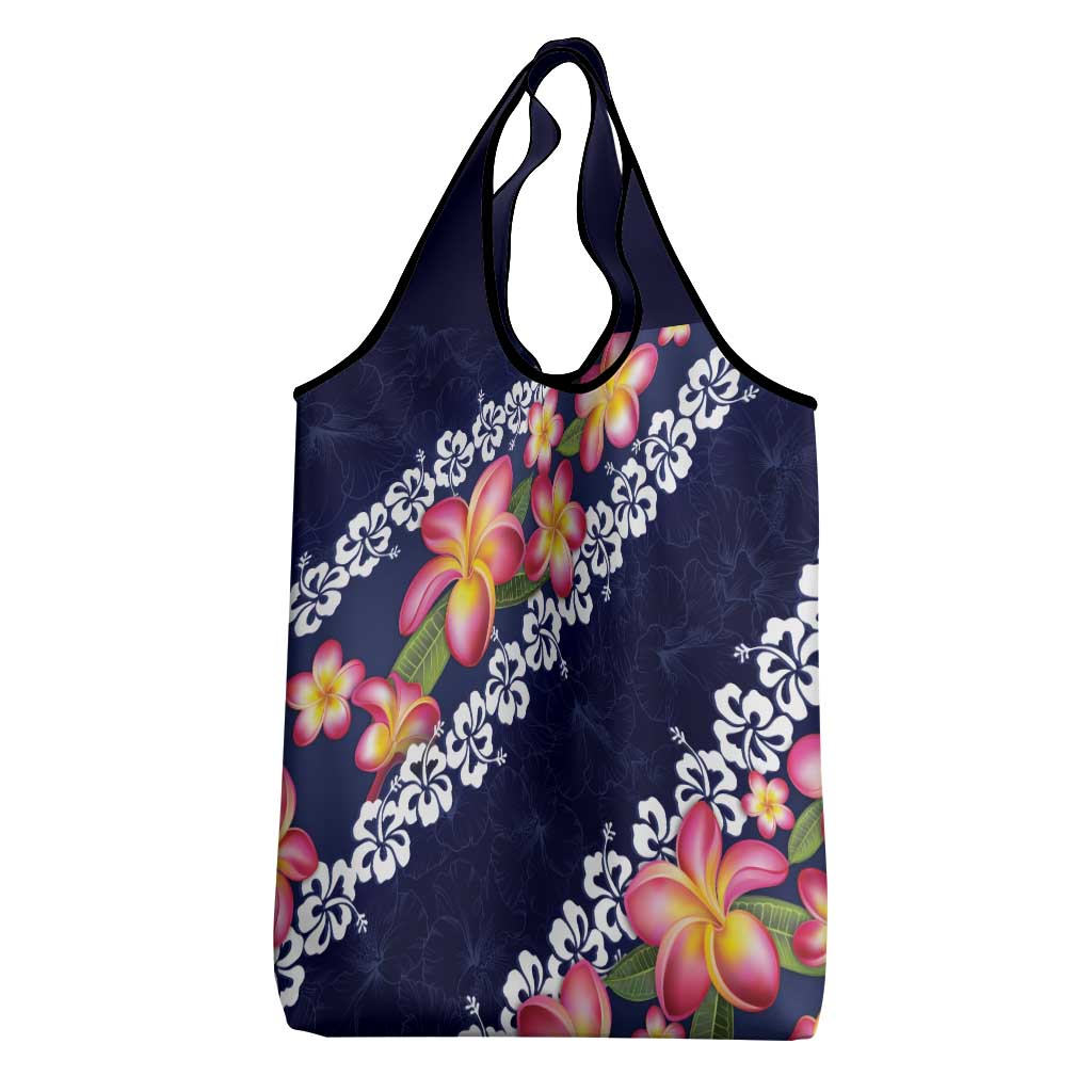 Blue Polynesia Grocery Bag Plumeria With Hibiscus Pattern Tropical Vibes