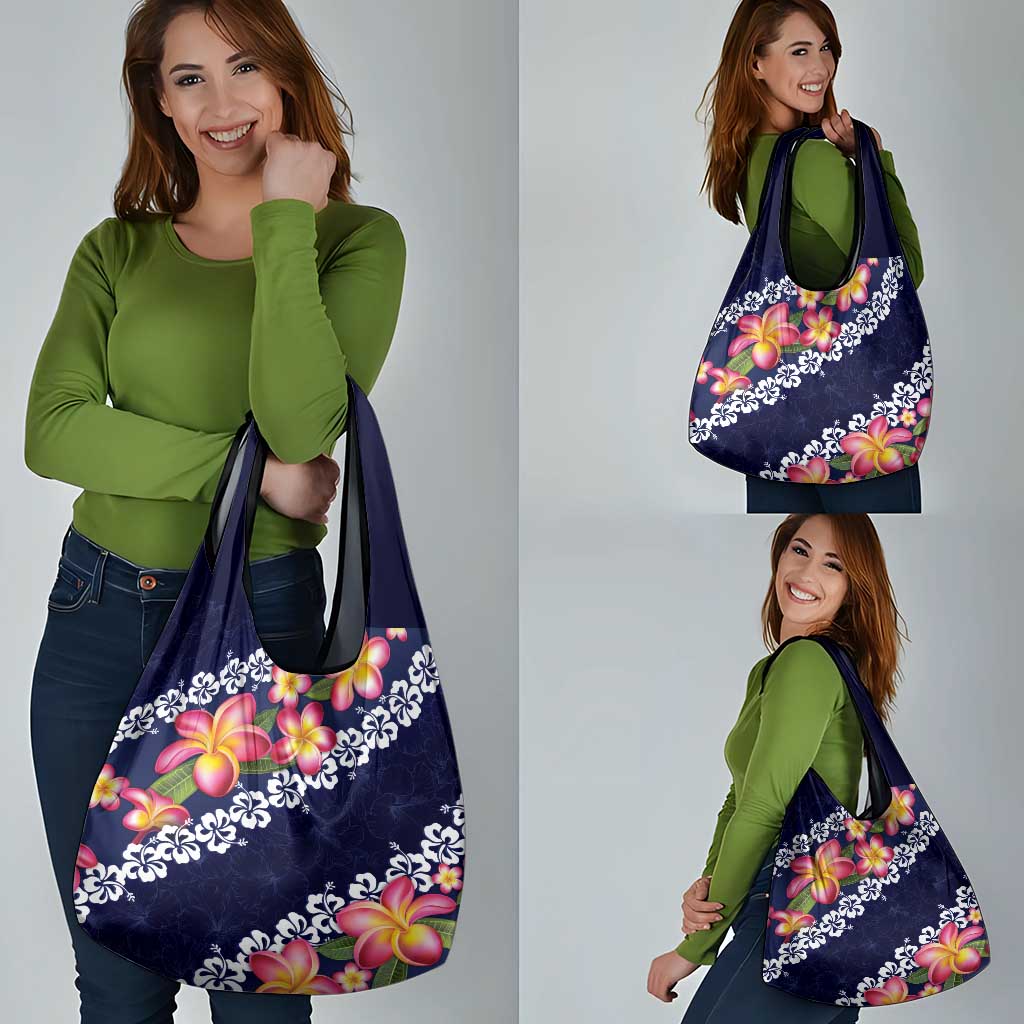 Blue Polynesia Grocery Bag Plumeria With Hibiscus Pattern Tropical Vibes