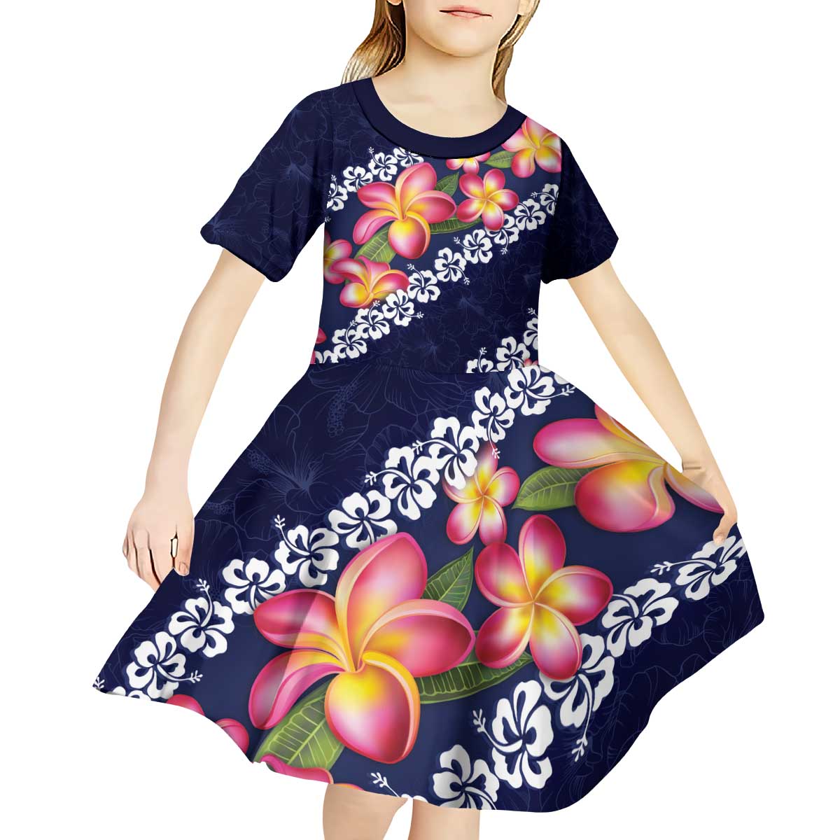 Blue Polynesia Kid Short Sleeve Dress Plumeria With Hibiscus Pattern Tropical Vibes LT14 - Polynesian Pride