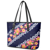 Blue Polynesia Leather Tote Bag Plumeria With Hibiscus Pattern Tropical Vibes