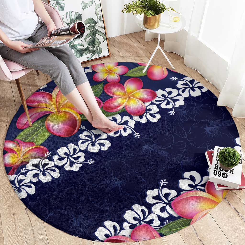 Blue Polynesia Round Carpet Plumeria With Hibiscus Pattern Tropical Vibes LT14 - Polynesian Pride