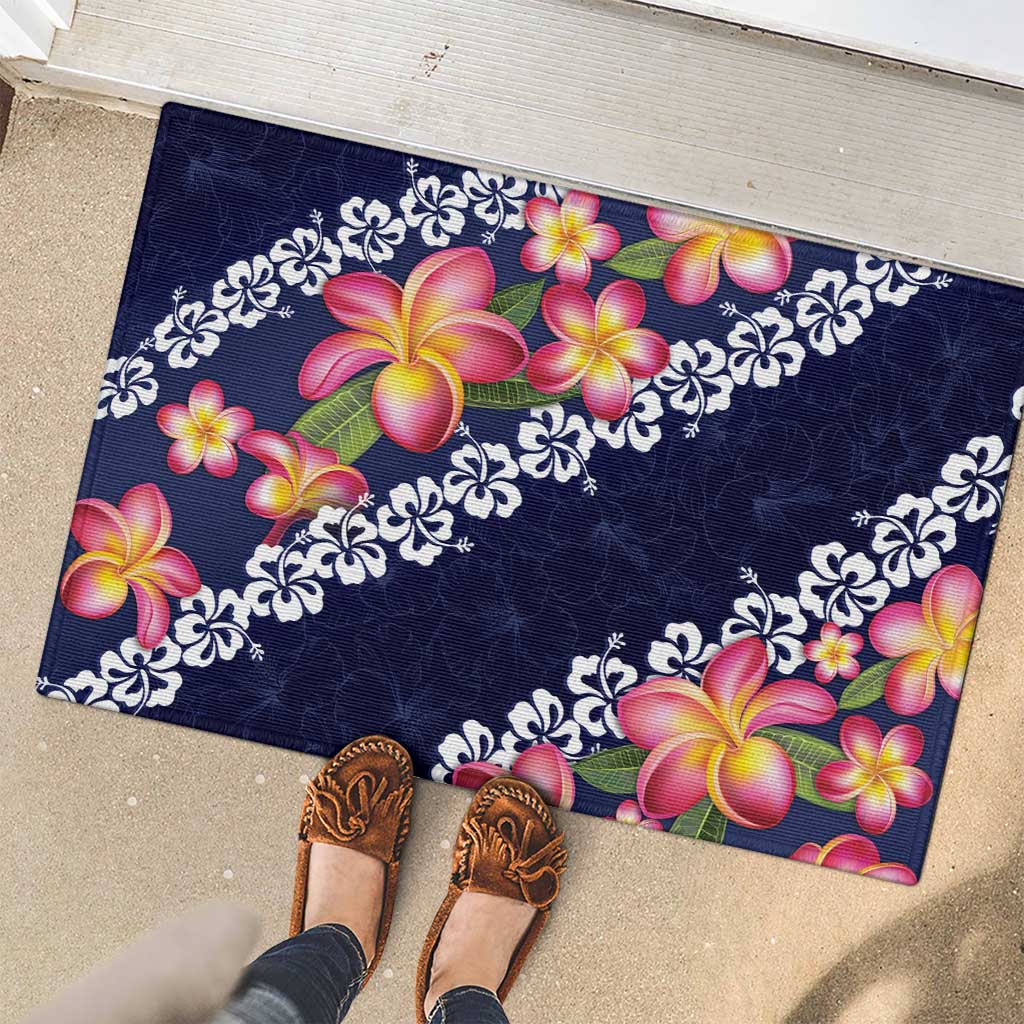 Blue Polynesia Rubber Doormat Plumeria With Hibiscus Pattern Tropical Vibes LT14 - Polynesian Pride