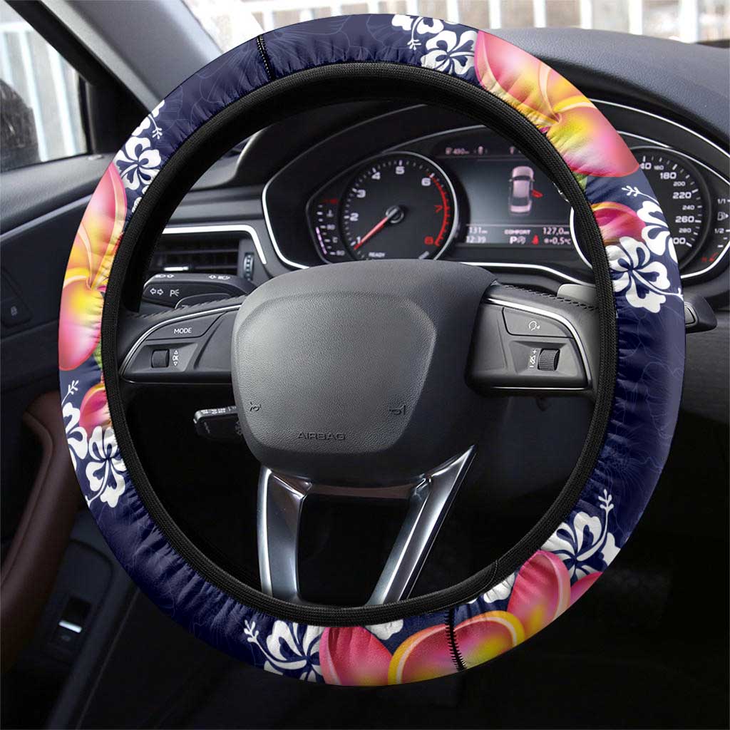 Blue Polynesia Steering Wheel Cover Plumeria With Hibiscus Pattern Tropical Vibes