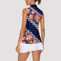 Blue Polynesia Women Sleeveless Polo Shirt Plumeria With Hibiscus Pattern Tropical Vibes LT14 - Polynesian Pride