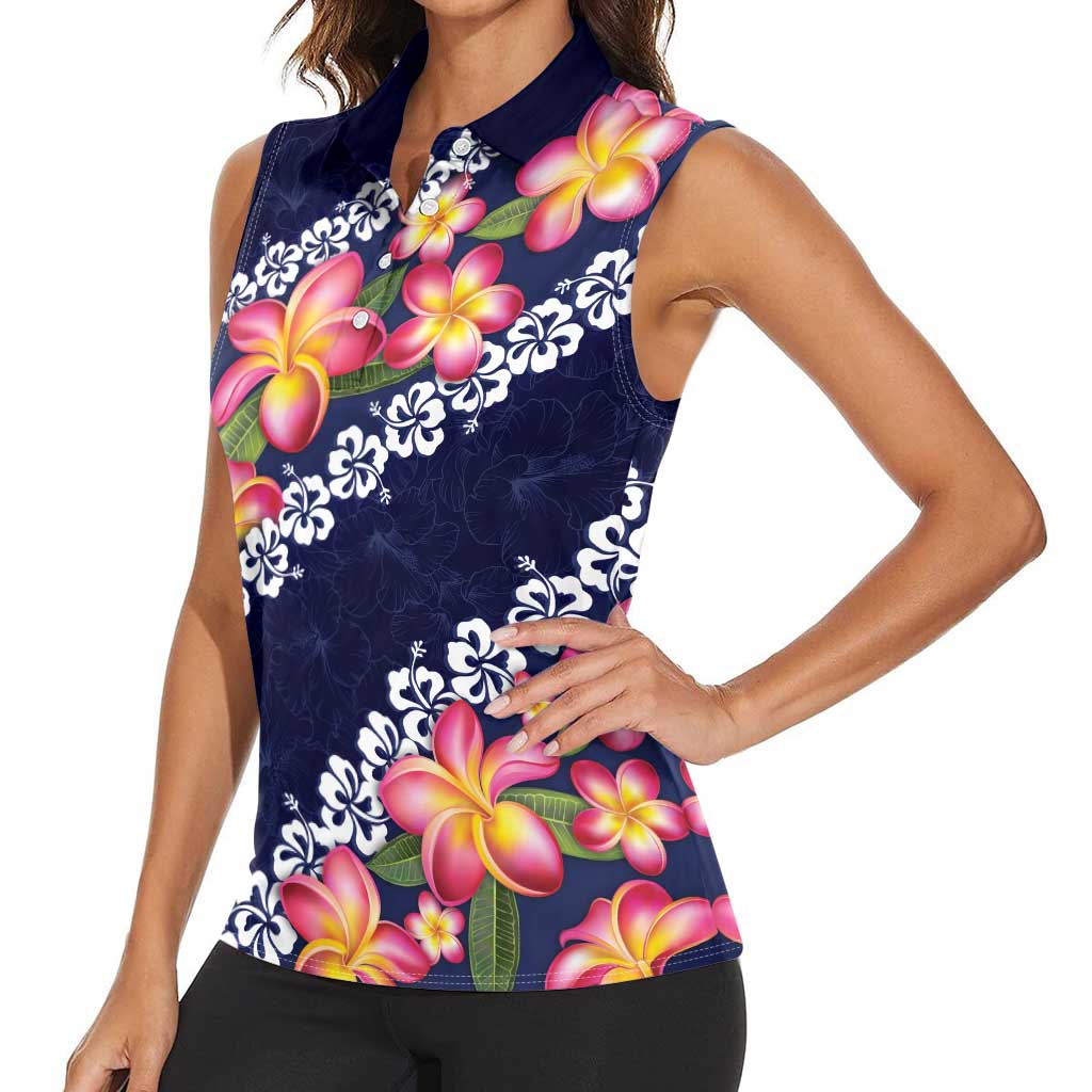 Blue Polynesia Women Sleeveless Polo Shirt Plumeria With Hibiscus Pattern Tropical Vibes LT14 - Polynesian Pride