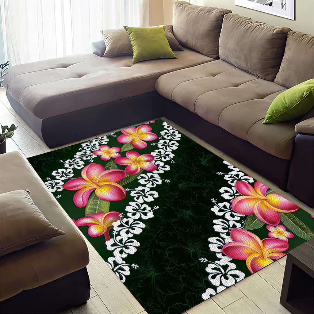 Green Polynesia Area Rug Plumeria With Hibiscus Pattern Tropical Vibes