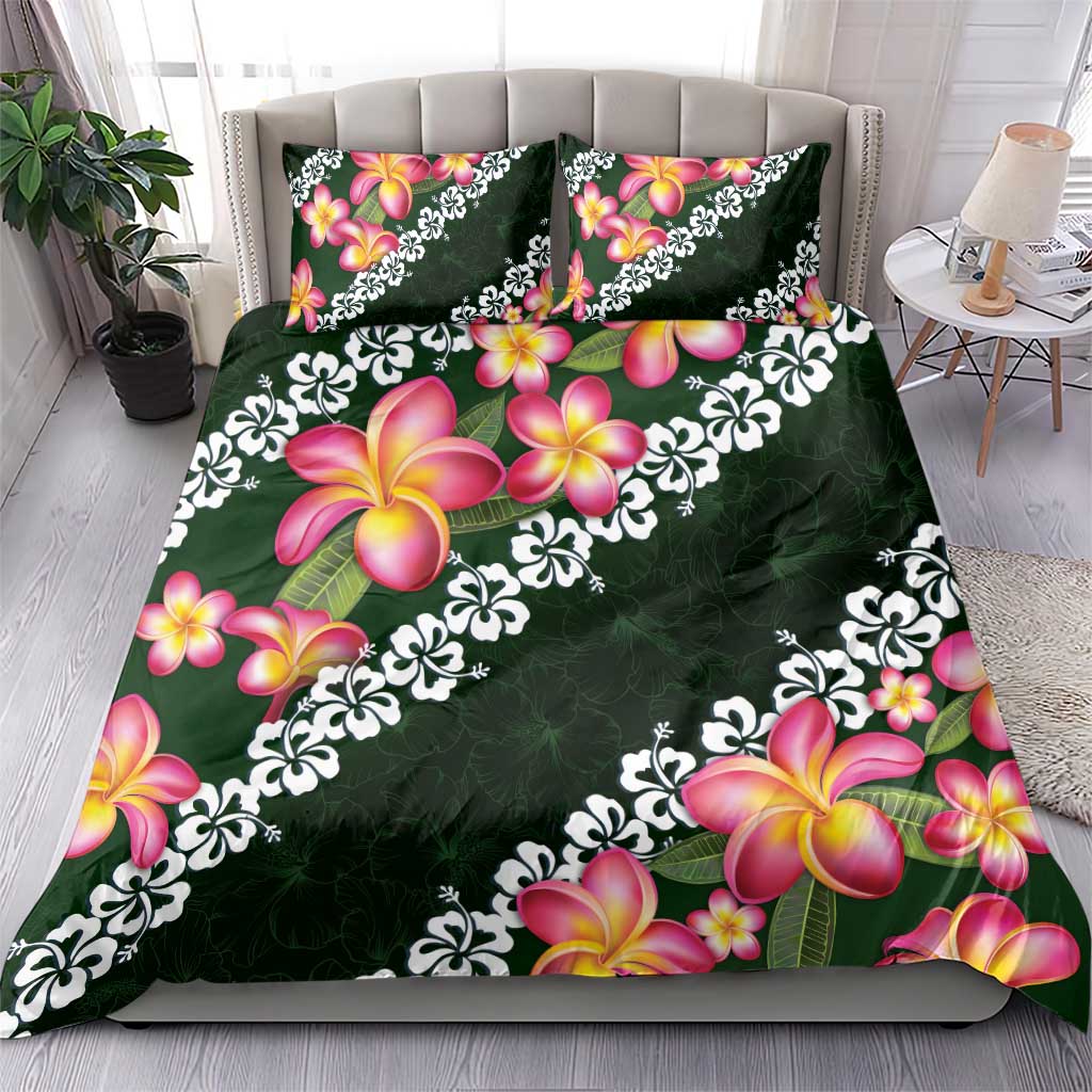 Green Polynesia Bedding Set Plumeria With Hibiscus Pattern Tropical Vibes LT14 - Polynesian Pride