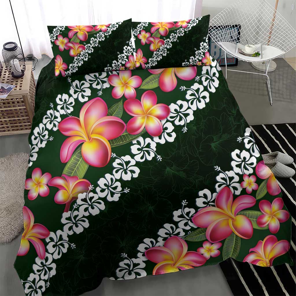 Green Polynesia Bedding Set Plumeria With Hibiscus Pattern Tropical Vibes LT14 - Polynesian Pride