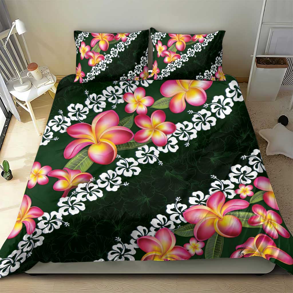 Green Polynesia Bedding Set Plumeria With Hibiscus Pattern Tropical Vibes LT14 - Polynesian Pride