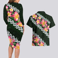 Green Polynesia Couples Matching Long Sleeve Bodycon Dress and Hawaiian Shirt Plumeria With Hibiscus Pattern Tropical Vibes