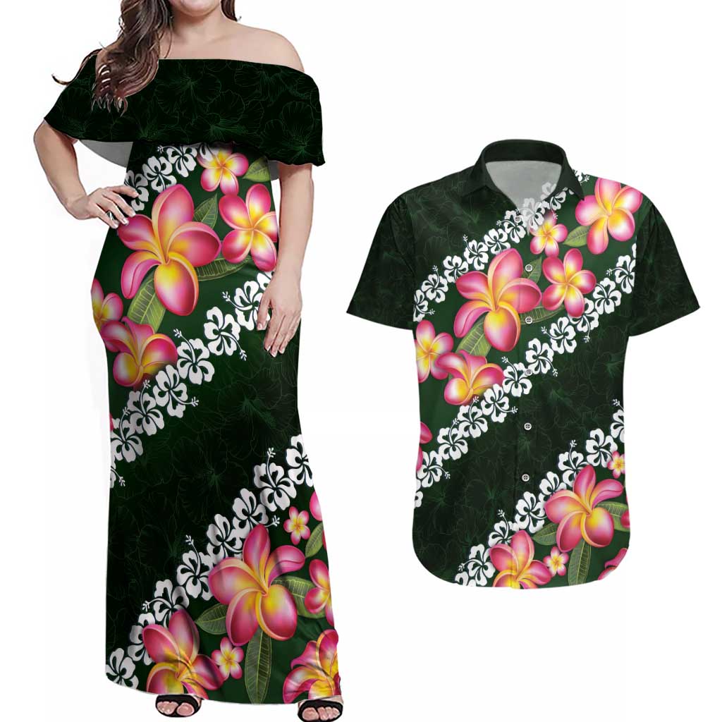 Green Polynesia Couples Matching Off Shoulder Maxi Dress and Hawaiian Shirt Plumeria With Hibiscus Pattern Tropical Vibes LT14 Green - Polynesian Pride