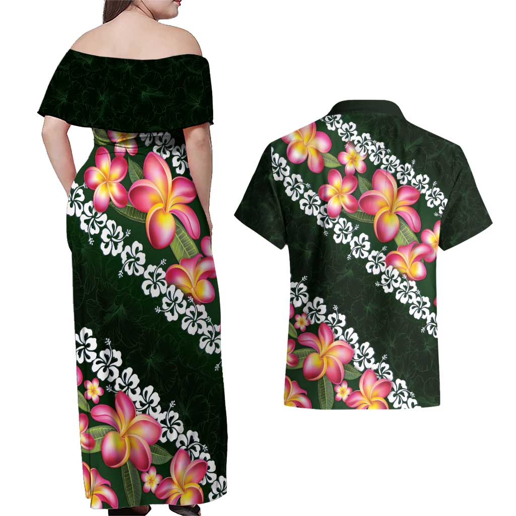 Green Polynesia Couples Matching Off Shoulder Maxi Dress and Hawaiian Shirt Plumeria With Hibiscus Pattern Tropical Vibes LT14 - Polynesian Pride