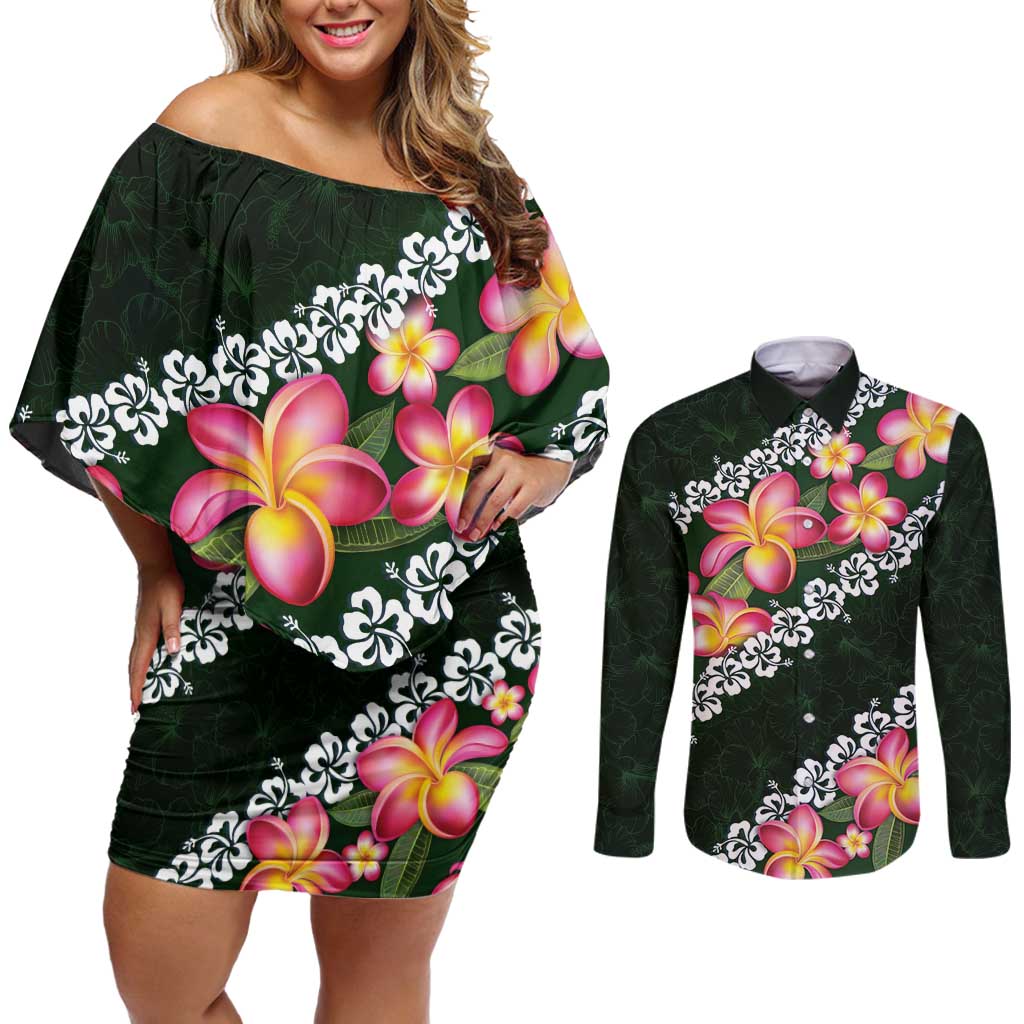 Green Polynesia Couples Matching Off Shoulder Short Dress and Long Sleeve Button Shirt Plumeria With Hibiscus Pattern Tropical Vibes