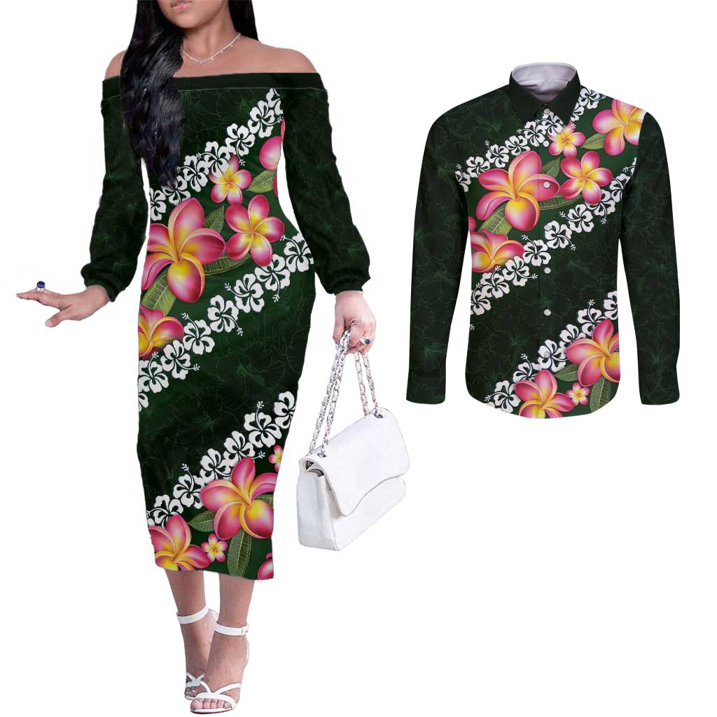 Green Polynesia Couples Matching Off The Shoulder Long Sleeve Dress and Long Sleeve Button Shirt Plumeria With Hibiscus Pattern Tropical Vibes