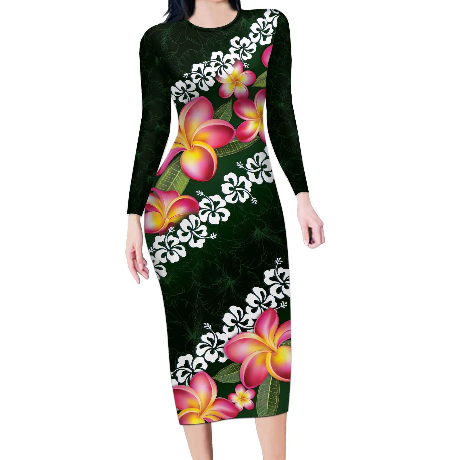 Green Polynesia Long Sleeve Bodycon Dress Plumeria With Hibiscus Pattern Tropical Vibes